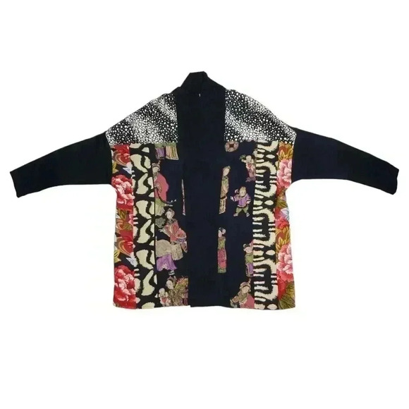 HARARI Oriental Print Open Cardigan Sweater Women's Size XS Colorful Art-to-Wear - Picture 4 of 10